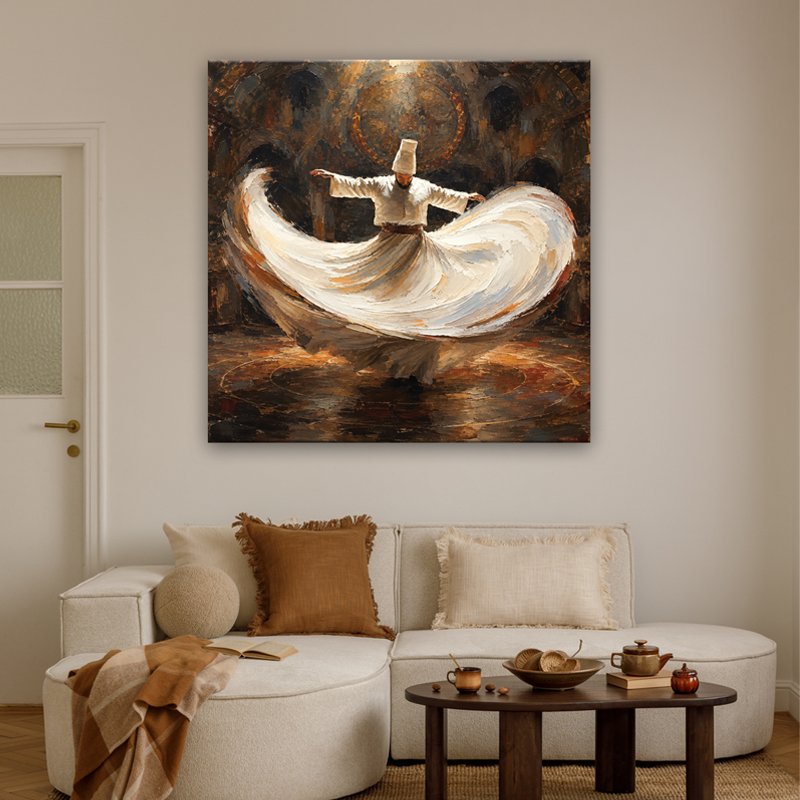 White Attire Dervish Wall Art – Modern Living Room White Attire Dervish Wall Art displayed above a sofa in an elegant modern living room
