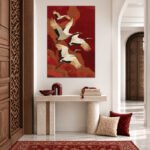 Crimson cranes heritage wall art displayed above a console in an elegant interior